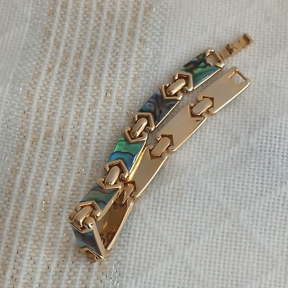 Gold-Tone Abalone Inlay Link Bracelet - Iridescent Blue-Green - Picture 10 of 11
